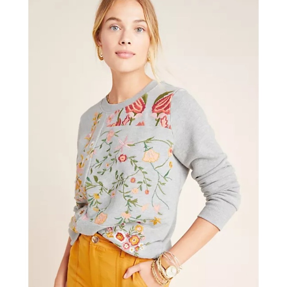 MAEVE Anthropologie Bae Floral Embroidered French Terry Sweatshirt Grey Sz M